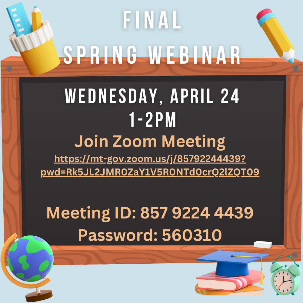 Spring Webinar Flyer: Wednesday, April 24, 2024; 1:00 PM - 2:00 PM Join Zoom Meeting via Link; Meeting ID: 857 9224 4439; Password: 560310